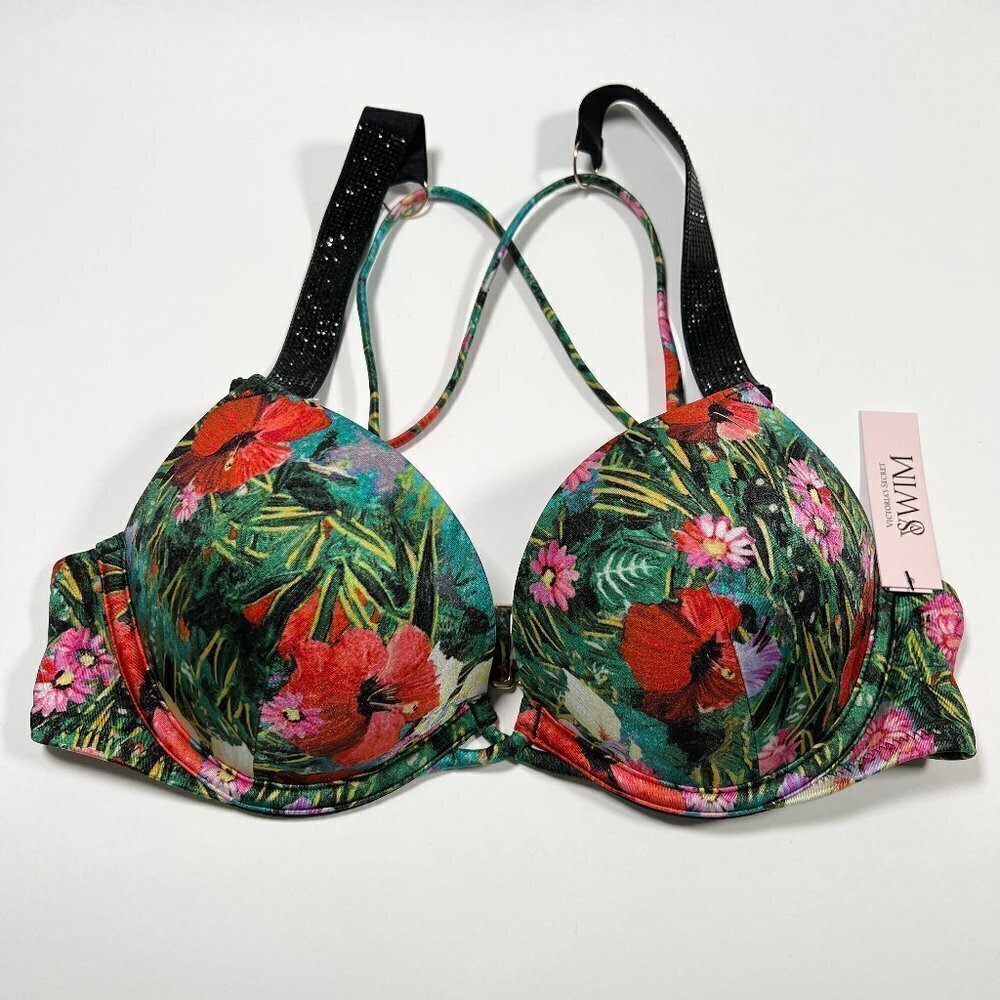 Victoria Secret 32C Bombshell Push Up Bikini Top Shine Strap Palm Tropical Print
